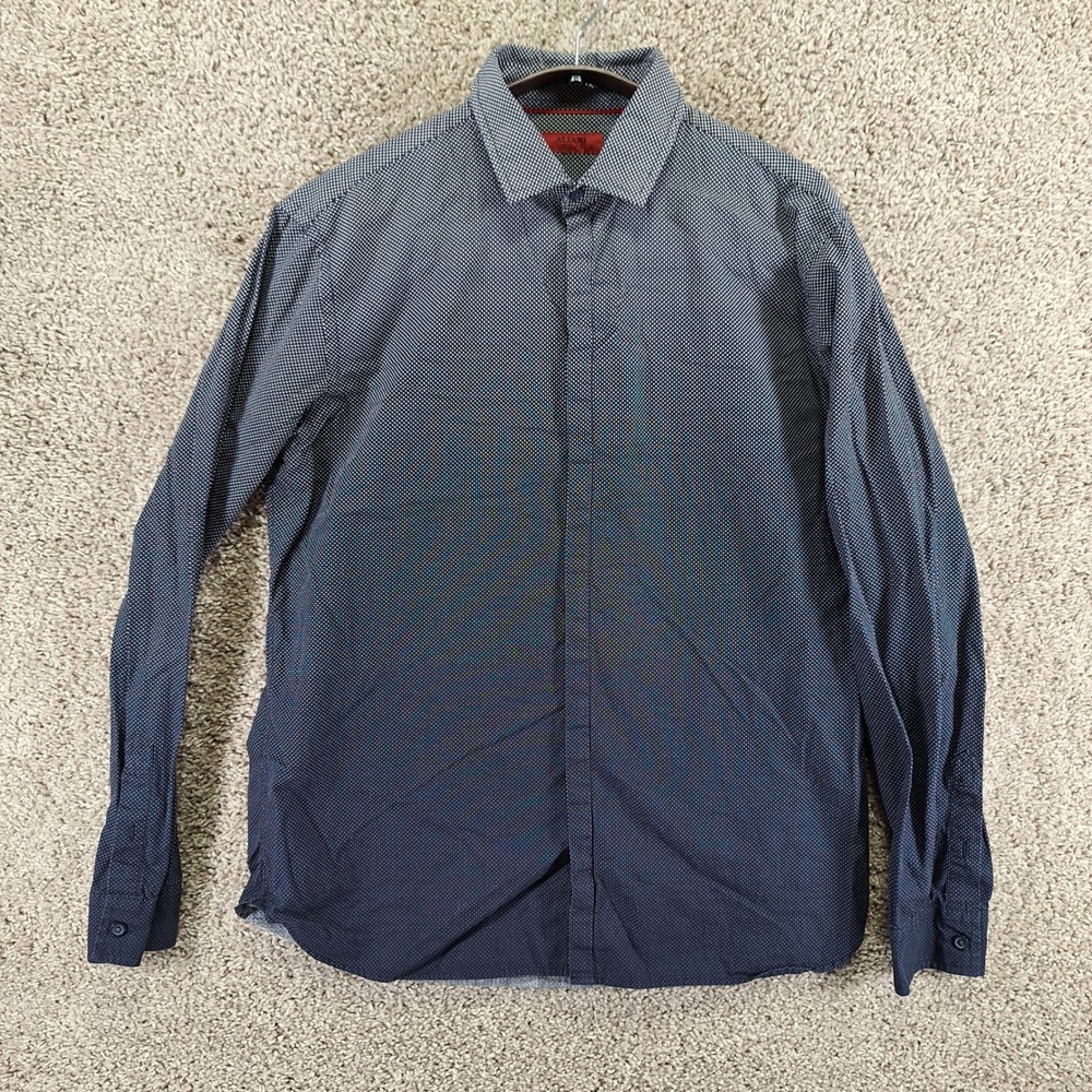 Alfani Button Up Mens M Blue Polka Dot Slim Fit Cotton Long‎ Sleeve Office